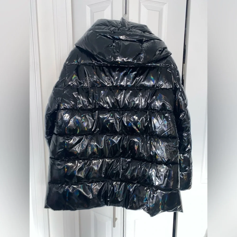 $320 DKNY Women's Water Resistant Patent Leather Glossy Puffer Jacket Black L